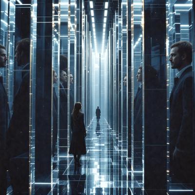 The primary subject of the image is a woman walking down a hallway. The setting is a hallway with mirrors on the walls, creating an illusion of depth and multiple reflections. The visual style is a black and white photo, which adds a classic and timeless feel to the scene. The colors and mood are predominantly dark, with the woman being the only source of light in the image.